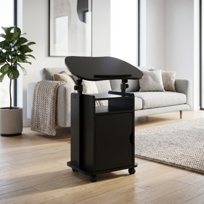 Office Trolley, Laptop Trolley, Sit-Stand Design, Height-Adjustable And Tilt-Adjustable Work Surface, With Safety Rail, Storage Cabinet And Shelves, Modern Minimalist Style, Black