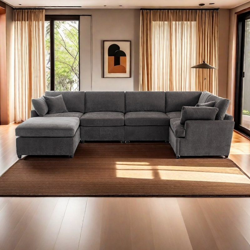 Grand canapé modulaire moderne en forme de U avec repose-pieds amovible pour le salon, Polyester gris