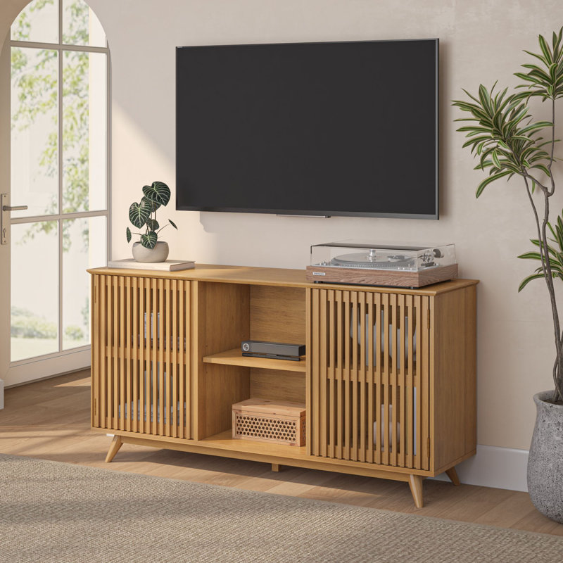 Meuble télé / meuble télé 59 po avec portes lattes Mid-Century, Pacanier