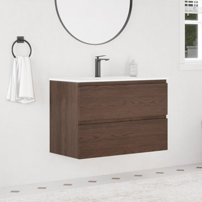 Meuble-lavabo flottant mural 36 po avec lavabo en céramique, noyer foncé, bois massif