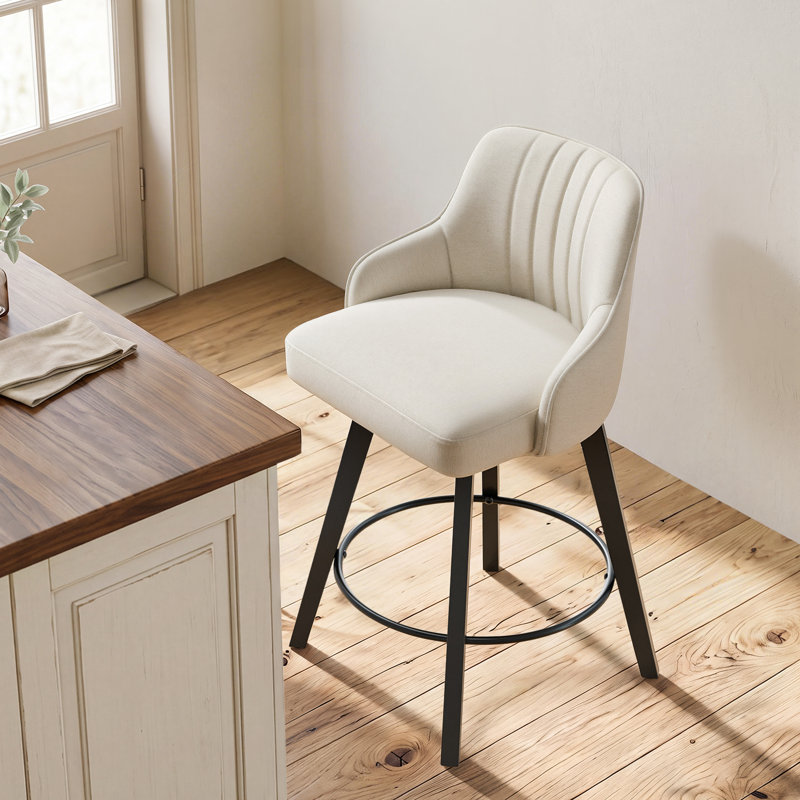 Modern Fabric Upholstered Swivel Bar Stool, Beige, 1