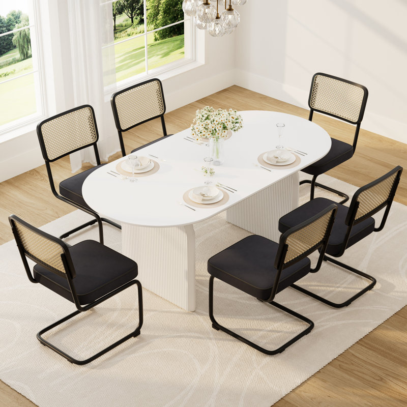 Ensemble de salle à manger élégant à double piédestal avec chaises en velours, 7 pièces : table, 6 chaises, Noir / vert olive