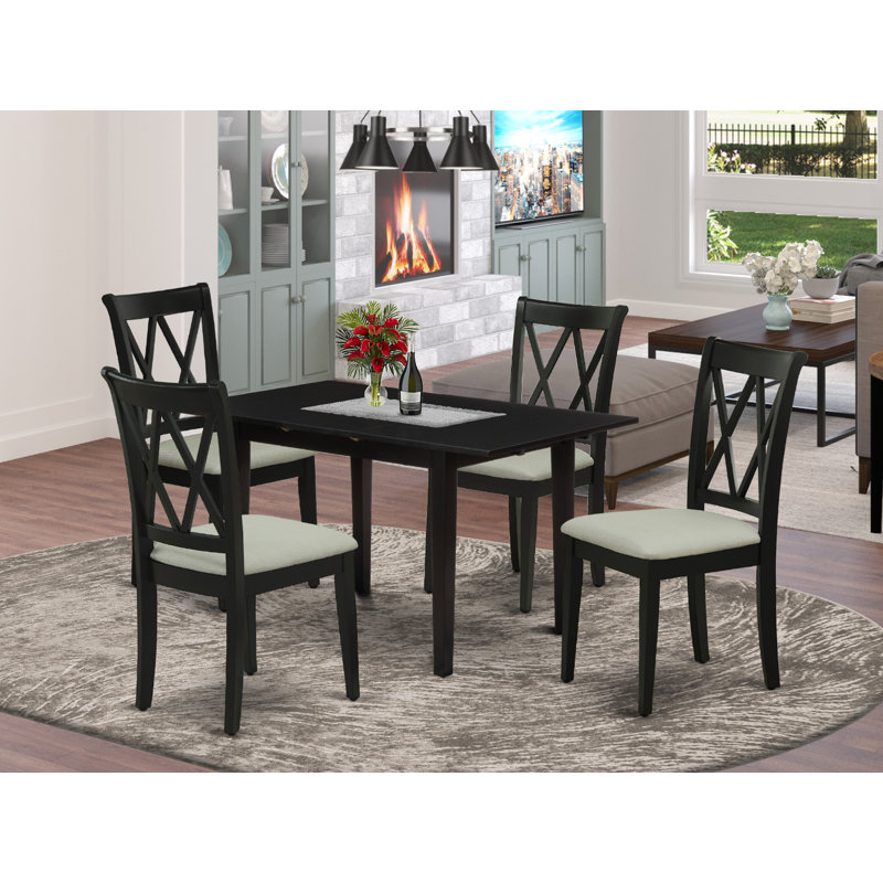 Ensemble de table de salle à manger 5 pièces pour 4 personnes comprenant une table de cuisine rectangulaire avec rallonge papillon et 4 chaises de salle à manger en tissu de lin, noir