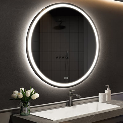 Naliyah Framelesss Round LED Bathroom Mirror with Lights, Makeup Mirror with Front and Backlit, Anti-Fog, 3 Colors and Dimmable Light