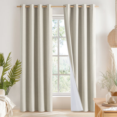 100% Blackout Faux Linen Curtains for Living Room Grommet Privacy Insulated Drapes, Set of 2