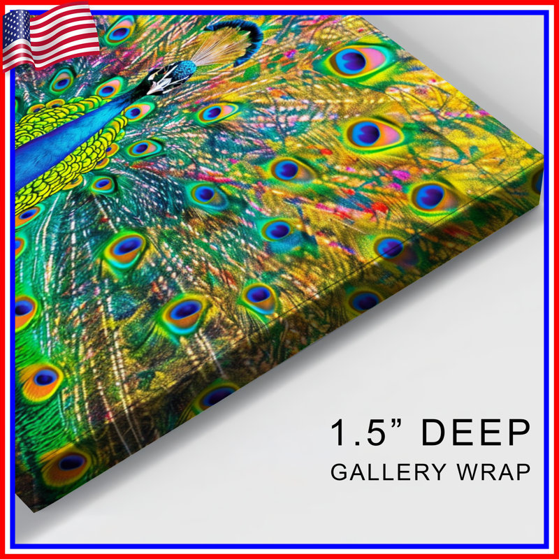 Vibrant Peacock Feathers Canvas Gallery Wrap in Many Sizes, 12 x 12 inches