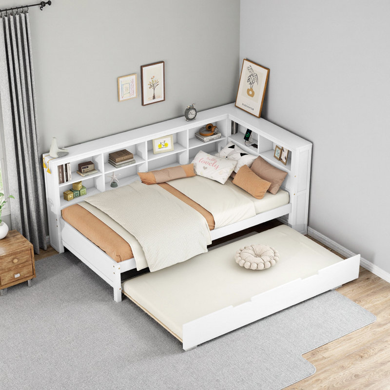 Lit de jour en bois blanc avec lit gigogne simple, tablettes de rangement intégrées et ports de chargement USB, Lit double