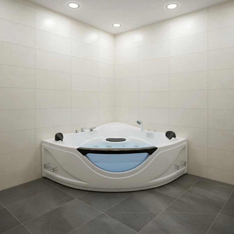 Baignoire tourbillon d'angle 59 "pour 2 personnes, baignoire à jets de luxe avec 6 jets d'hydromassage, lumières DEL de chromathérapie et système de réglage pneumatique, pompe à eau certifiée UL, égouttoir certifié UPC