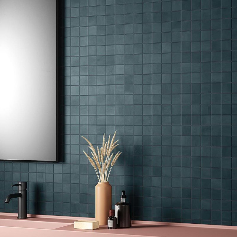 Clay 12x12 Matte Concrete Look Porcelain Mosaic Tile, Karma Blue