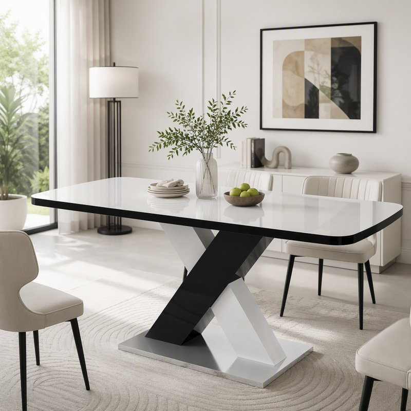 Table de salle à manger rectangulaire moderne avec plateau en marbre et MD, Blanc/Noir, Blanc/Noir