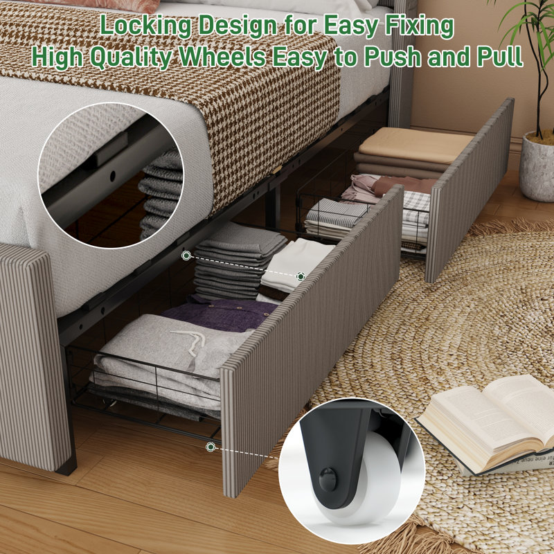 Corduroy Upholstered Platform Bed With Drawers, LED Light, Wingback Headboard, And Footboard, No Box Spring Needed, King