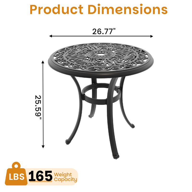 Table de salle à manger ronde de patio de 68 cm (26,77 po) avec cadre en fonte d'aluminium noire et trou pour parasol
