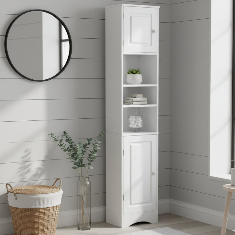 Armoire de salle de bain autoportante blanche en coin avec 2 portes, tablettes réglables et tablette ouverte