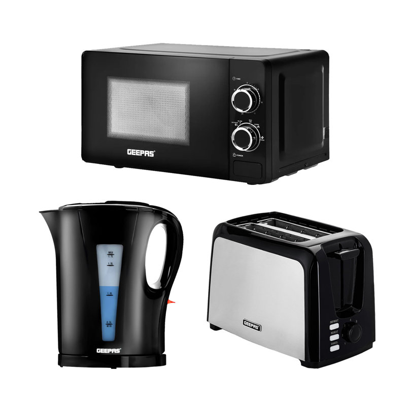 GEEPAS 3-Piece Kitchen Appliance Set, 2 Slice Toaster, 1.7L Electric Kettle 2200W, 20L 700W Microwave Oven, Compact Countertop Kitchen Combo, Fast Boil Kettle & Bread Toaster Set