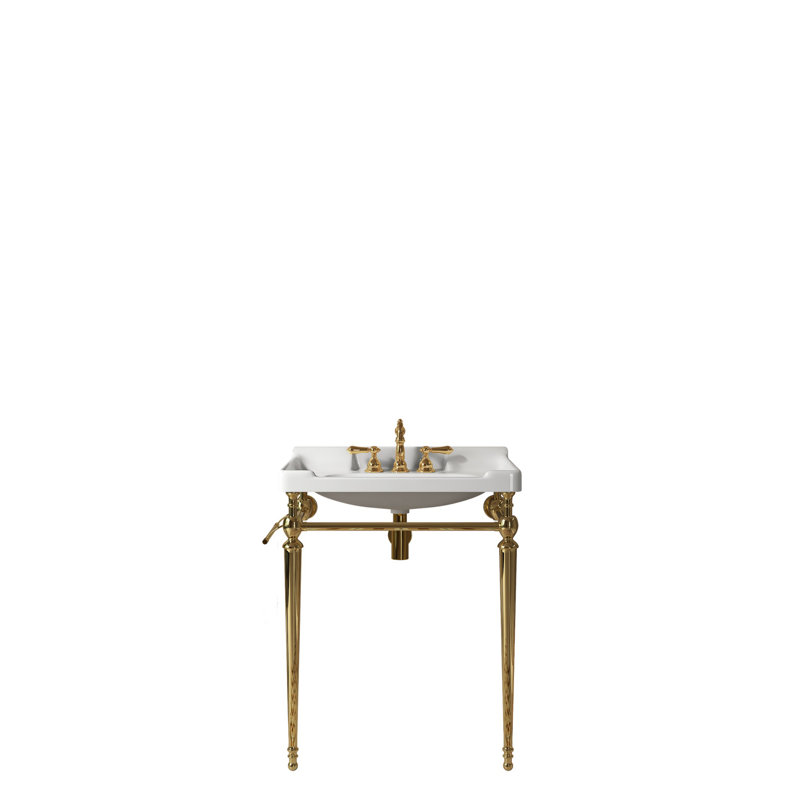 Lavabo console de salle de bain, meuble-lavabo mural, pieds de support autoportants avec barre à serviettes, Blanc, Doré
