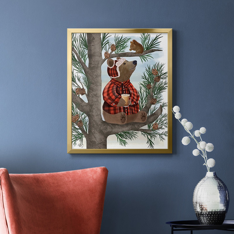 «Lumberjack Bear Pine Tree Coffee Break», toile encadrée de qualité supérieure - prête à être accrochée, Or