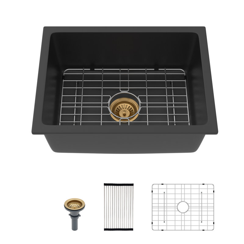 22'' L x 17'' W Undermount Quartz Single Bowl Kitchen Sink with Sink Grid, Basket Strainer and Roll-up Rack, Black