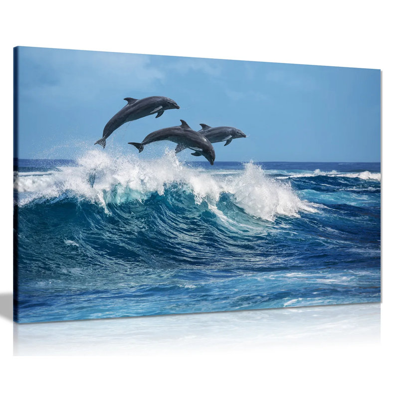 Dolphins Jumping Over Blue Waves Ocean Wildlife - Wrapped Canvas Print, 61cm H x 91cm W