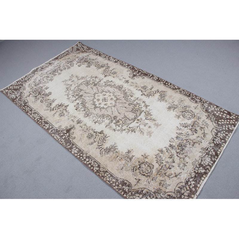 Tapis turc beige Oushak au design rétro idéal pour les salons en laine douce lavable