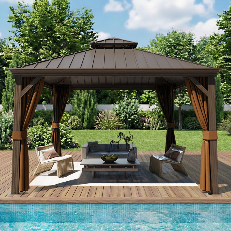 Outdoor Aluminum Hardtop Gazebo equipped with a double-layer roof, curtains, and mosquito net