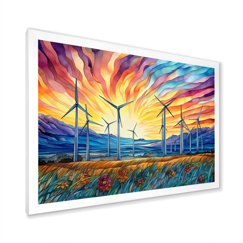 Éoliennes au lever du soleil, H 16 po x l 32 po x P 1 po, Cadre simple blanc