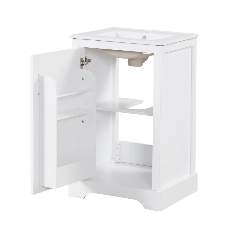 Meuble-lavabo de 20 po avec lavabo, armoire de salle de bain avec porte à fermeture douce, support de rangement et tablette réglable, blanc