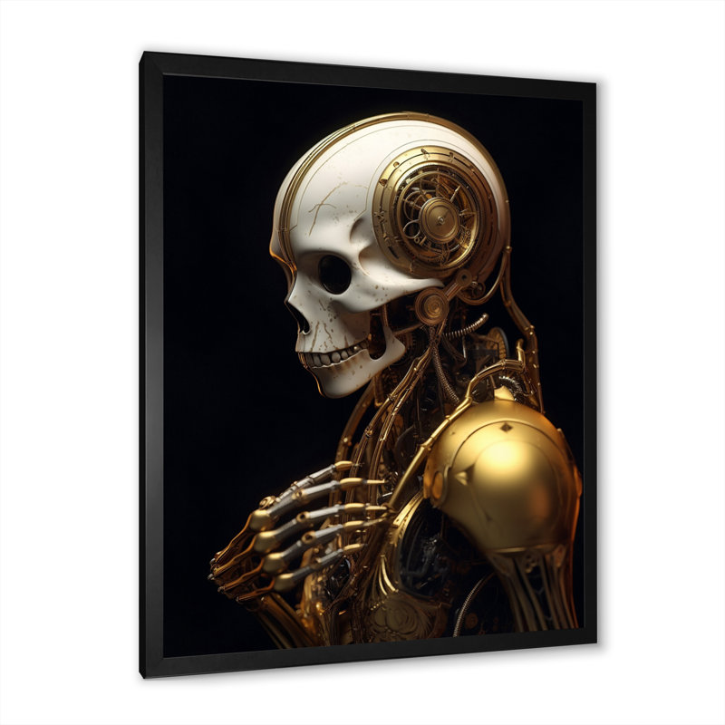 Robot doré doré sur toile, Cadre simple noir, H 32 po x l 24 po x P 1 po