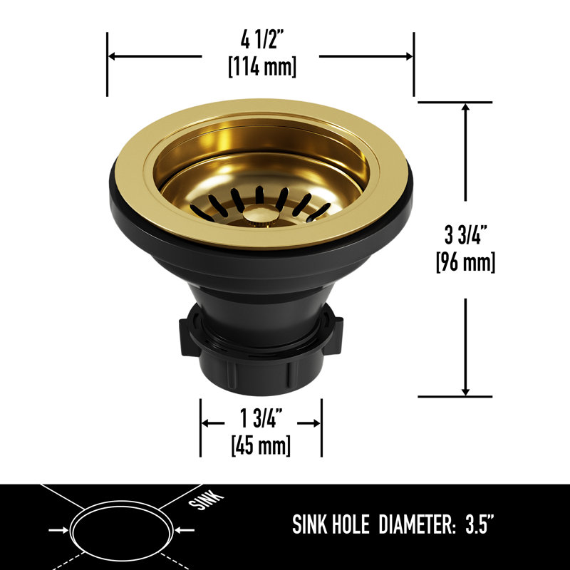 5 in. Kitchen Sink Drain Assembly with Strainer and Basket Stopper, Gold