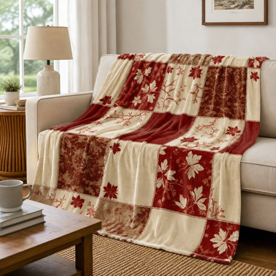 Cozy Flannel Fleece Throw Blanket - Maple Leaf Patchwork Pattern, Soft, Lightweight, Breathable, All‑Season, Skin‑Friendly, Machine Washable, Decorative, for Sofa, Couch, Living Room and Bedroom