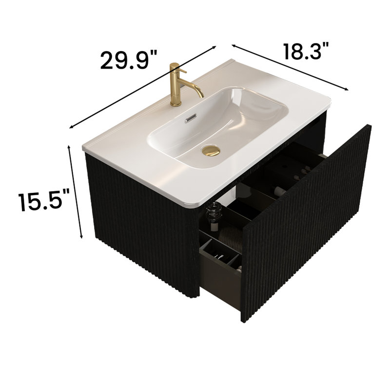 Meuble-lavabo mural Quandro 30 po - Chêne naturel rayé avec lavabo en céramique blanc Fixation de coins flottants sécurisés et commodes