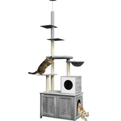 Tour à litière Gray Cat Tower Union. Fonctionnelle avec litière, griffoirs et plateformes pour enclos de divertissement intérieur.