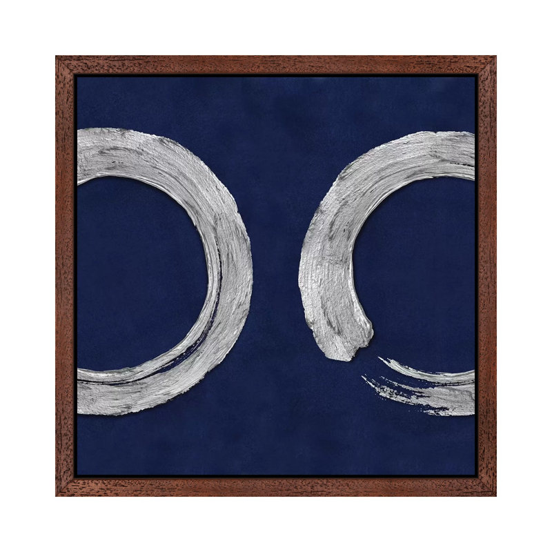Silver Zen Circle On Blue II by Ellie Roberts - Print on Canvas, Brown Framed, 45.72 cm H x 45.72 cm W