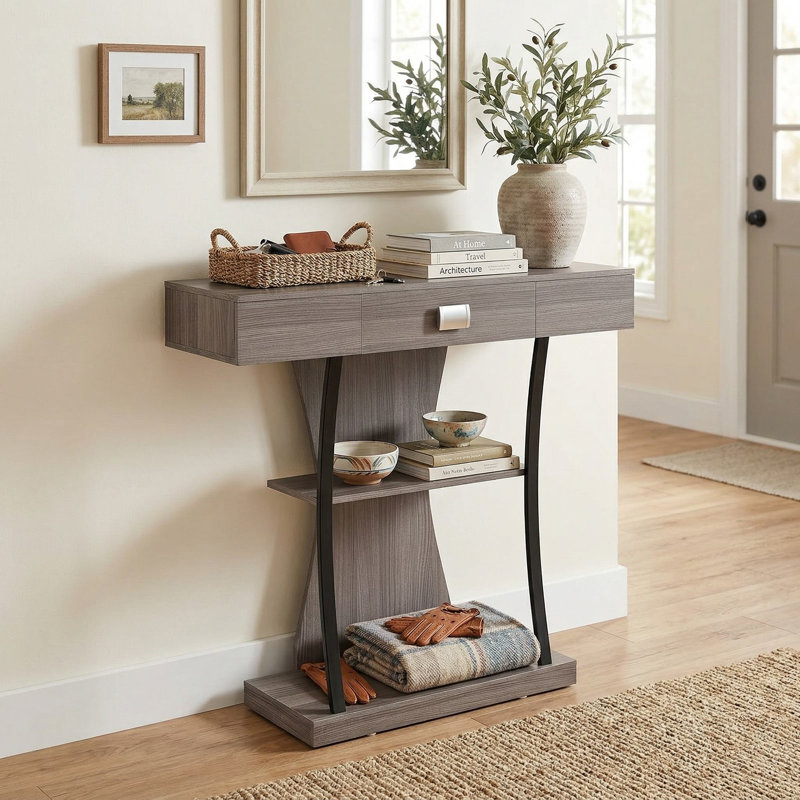 Console d'entrée robuste avec tiroir de rangement et tablettes ouvertes à 2 niveaux pour le couloir du salon, Gris