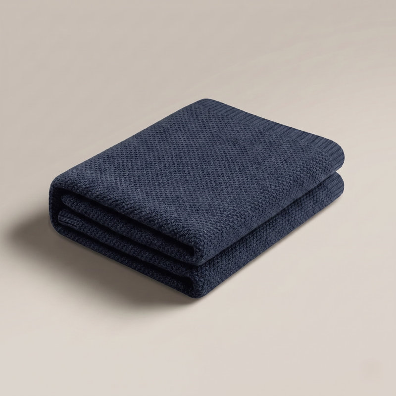 Cotton Cable Knit Solid Color Classic Chic Modern Rustic Throw Blanket, Queen, Navy
