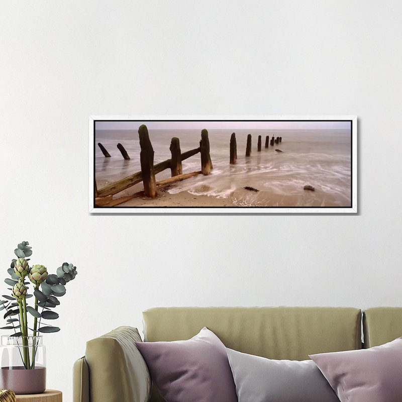 Posts On The Beach, Spurn, Yorkshire, England, United Kingdom 1 Piece Floater Frame Panoramic Wall Art on Canvas, White