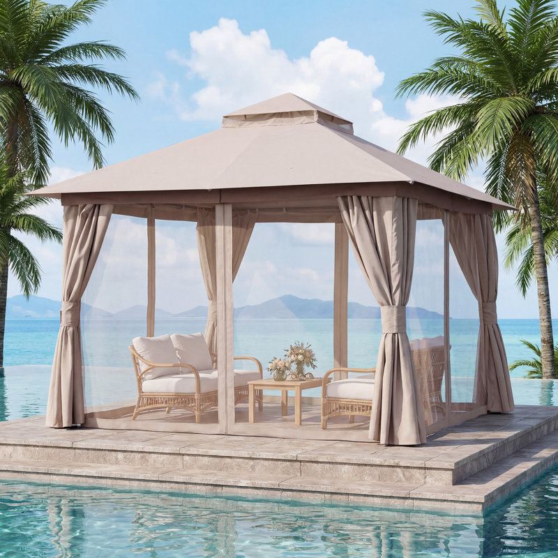Yardgrace 8'X8' Soft-top Double-Roofed Steel Patio Gazebo, Beige
