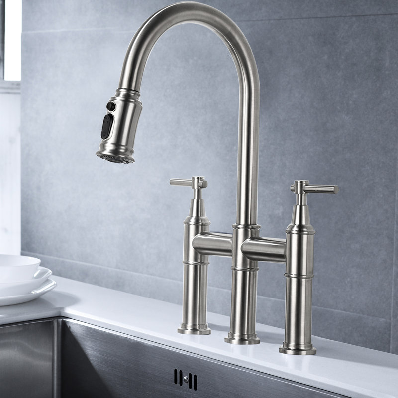 Brushed Nickel Bridge Kitchen Faucet With Pull-Down Spray, Dual Handle For Simple Water Control & Temperature Adjustment, 360 Rotating High Nozzle, Brass, Hardly Noticeable Splash- Aerator Tap Spray
