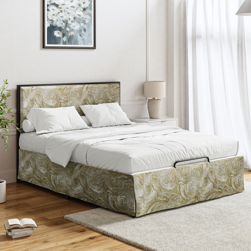 Lit plateforme tapissier Neilius avec housse lavable, Très grand, Motif doré