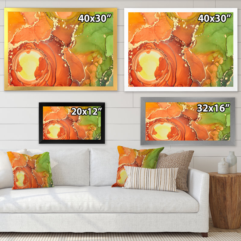 «Brown and Green Luxury Abstract Fluid Art», peinture sur toile, H 34 po x l 44 po, Cadre de coin argenté fermé