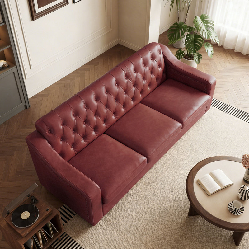 Mid-Century Modern 78.7" Leather Sofa, Tufted Upholstered 3 Seater Couch With High Back & Nailhead Trim, Chesterfield Sofa For Living Room Bedroom Apartment Office