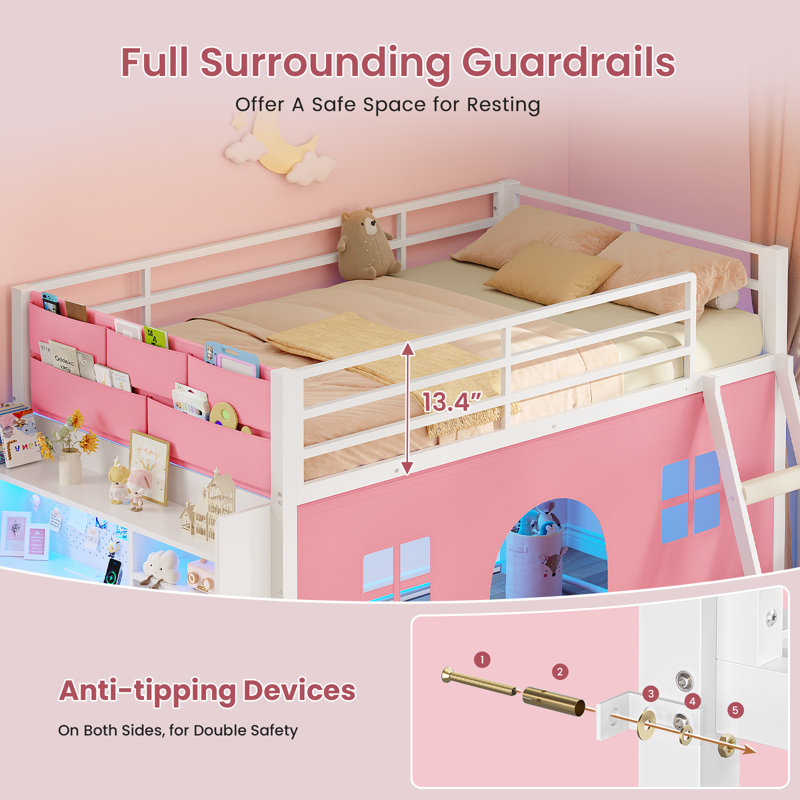 Lit mezzanine réversible deux places avec bureau, éclairage DEL et station de recharge, lit superposé en métal pour enfants avec rangement et rideau de jeu, rose