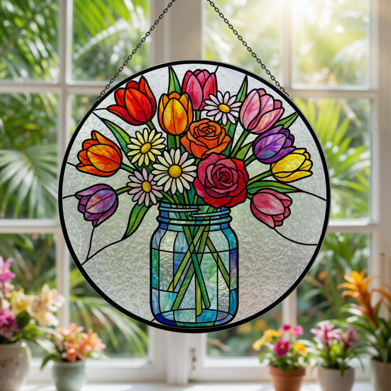 Vitrail d'arrangement floral H 7,8 po, H 7,8 po x l 7,8 po