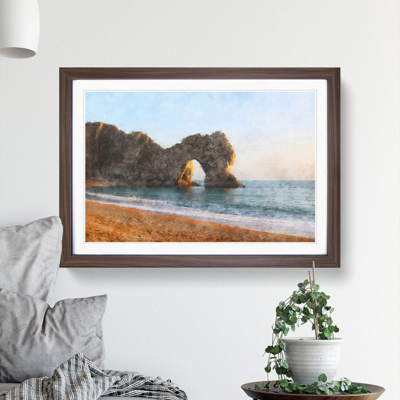 Durdle Door Cliffs at Sunset - Picture Frame Painting Print, 45cm H x 63cm W x 2cm D, Walnut Framed