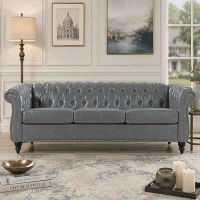 84.65 Inch Rolled Arm Chesterfield 3 Seater Sofa with Easy Care PU Leather and Sturdy Frame, Ideal for Modern and Vintage Decor