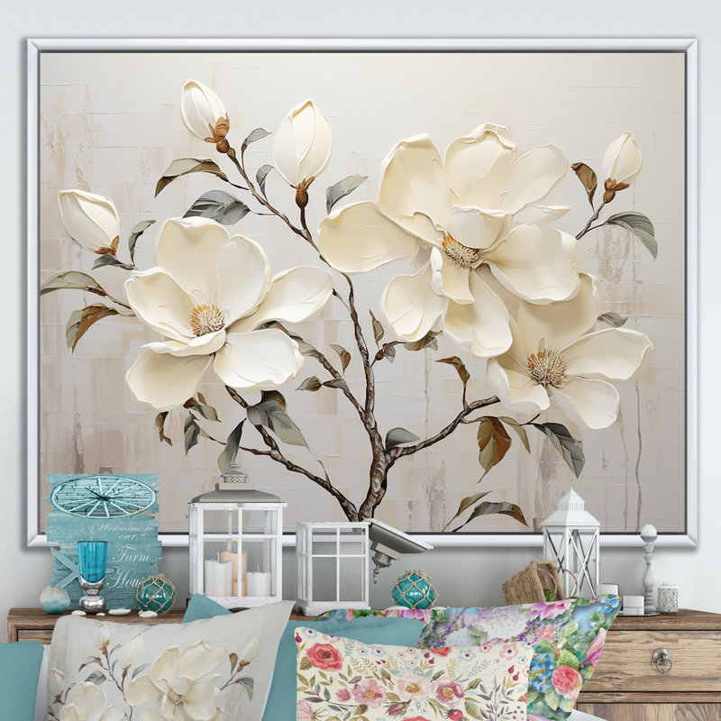 Fleur de magnolia beige et vert - art mural Magnolias, H 12 po x l 20 po x P 1 po, Cadre flottant blanc
