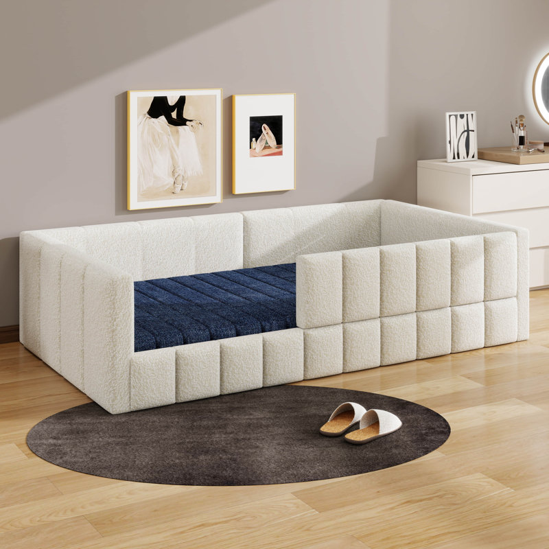 Woollen Upholstered Montessori Floor Bed, Low Profile Bed With Guardrails, No Box Spring Needed, Twin