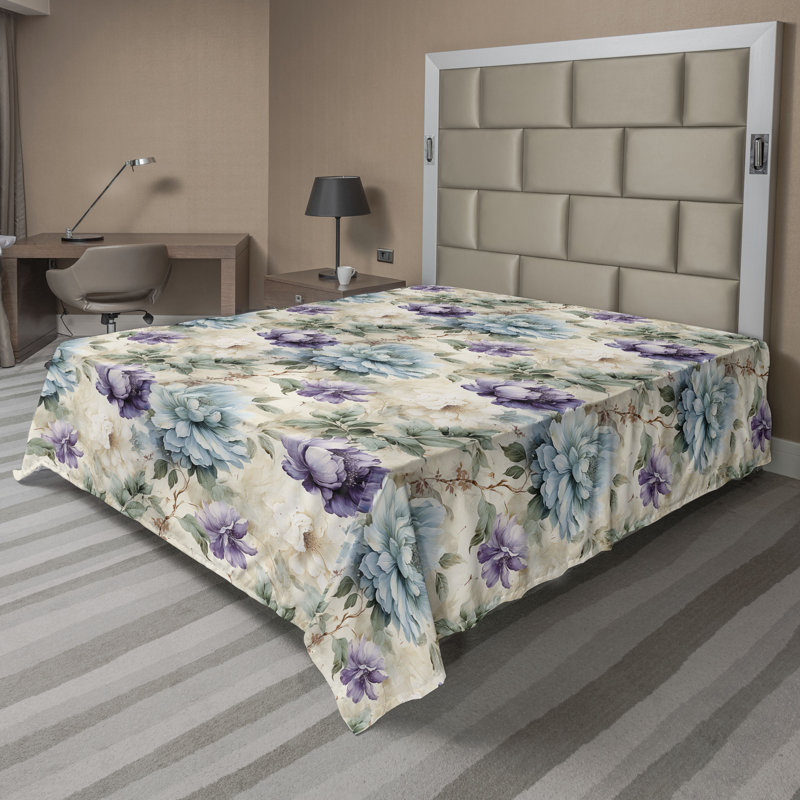 Ambesonne Flowers Flat Sheet Nostalgia Farmhouse, Eggshell Lilac Pale Blue