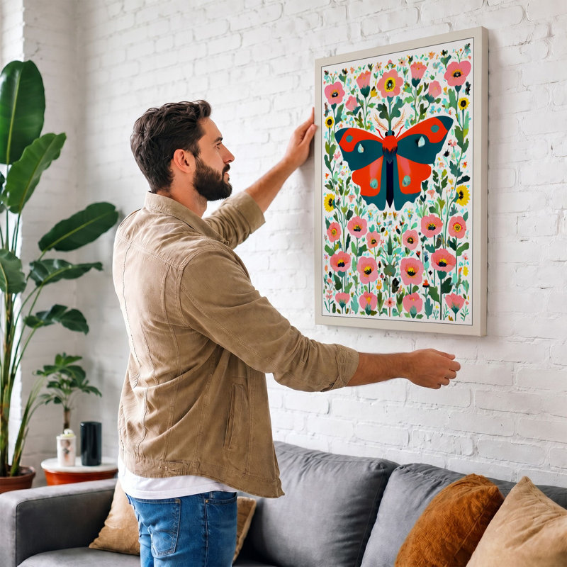 Butterfly Among Blooms Boho - Print, 30x20 - 76.2 x 50.8 cm, Taupe Border