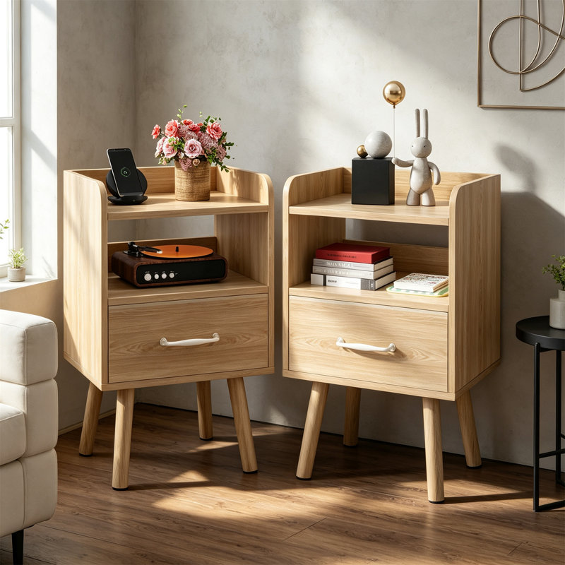 39 cm W Solid Wood Bedside Table, Natural