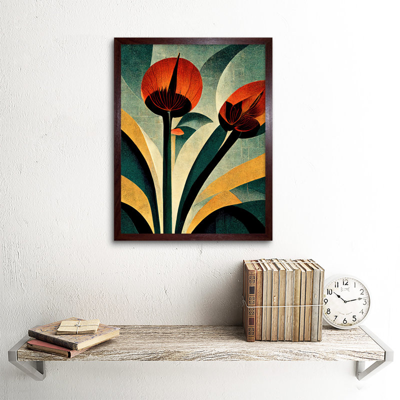 Single Art Deco Flower Artwork - Print, Brown Framed Paper, 43cm H x 33cm W